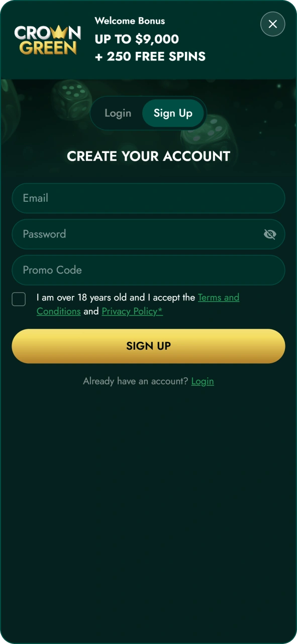Create account in seconds at Crowngreen app.