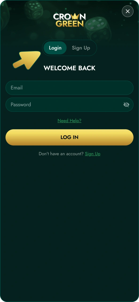 Sign in or register at Crowngreen iOS PWA app.