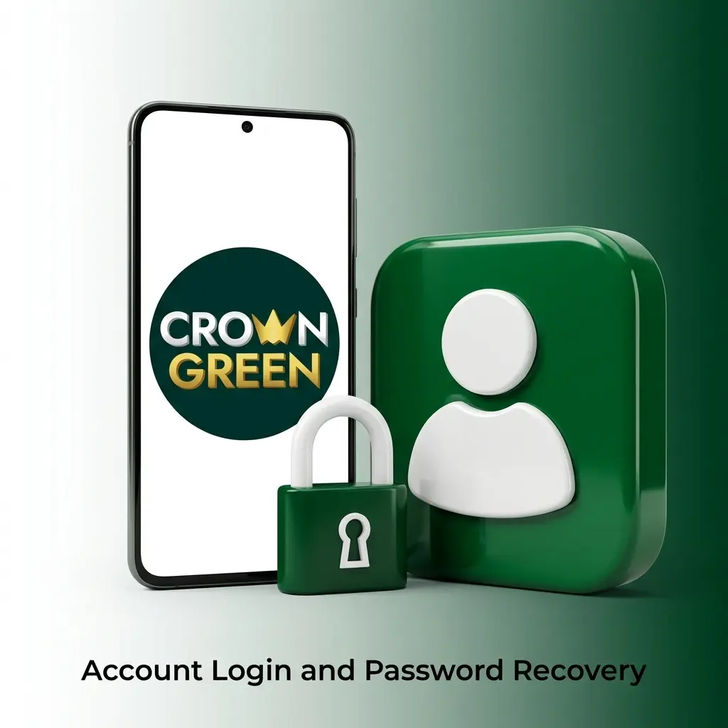 Crowngreen account login screen showing email, password fields, 2FA prompt, and forgot password recovery option
