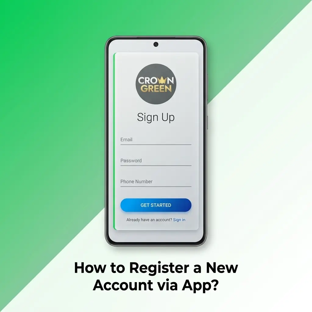 Crowngreen mobile app registration screen showing sign-up options for new account creation on Android and iOS devices