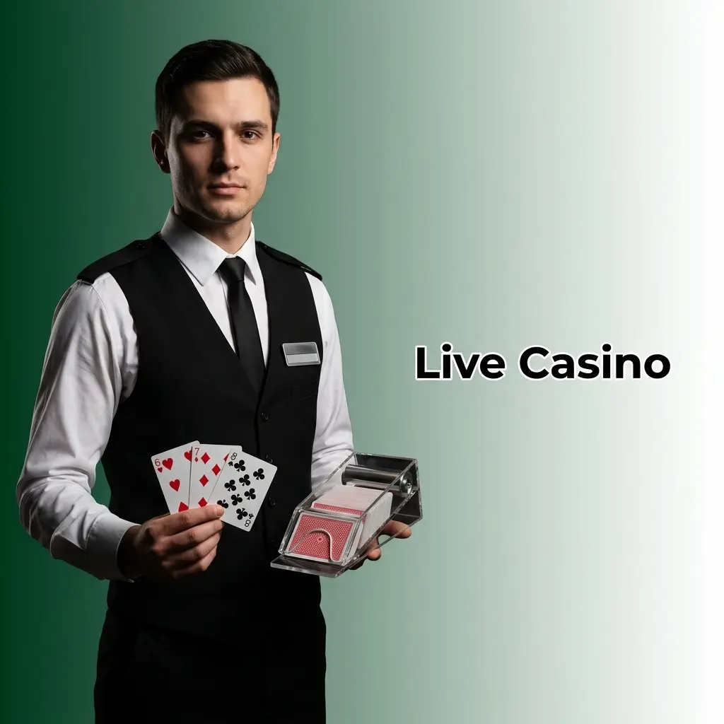 Professional live casino dealer at a real table with HD video stream, multiple camera angles, and live game show options