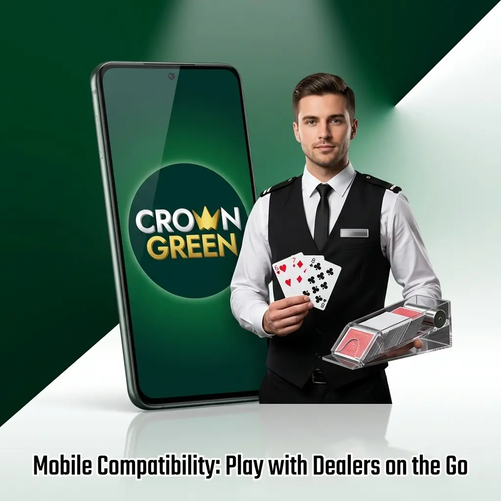 Crowngreen live casino mobile interface with dealer stream, bet grid, and chat panel in single-thumb vertical layout