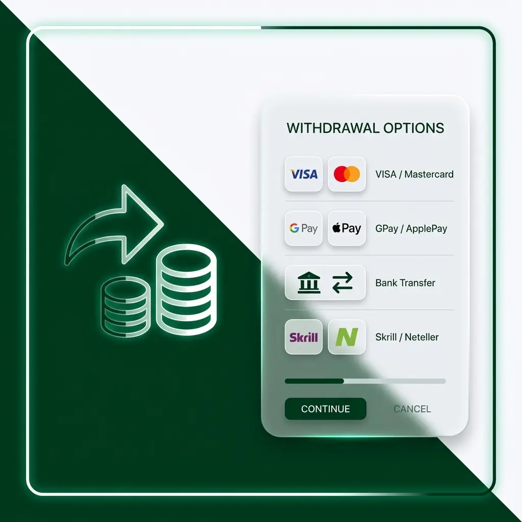 Crowngreen withdrawal methods including VISA, Mastercard, Interac, Neteller, Skrill, Bank Transfer, and Apple Pay