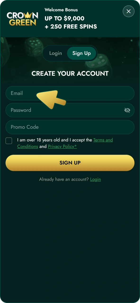 Type in your email and password to register at Crowngreen.