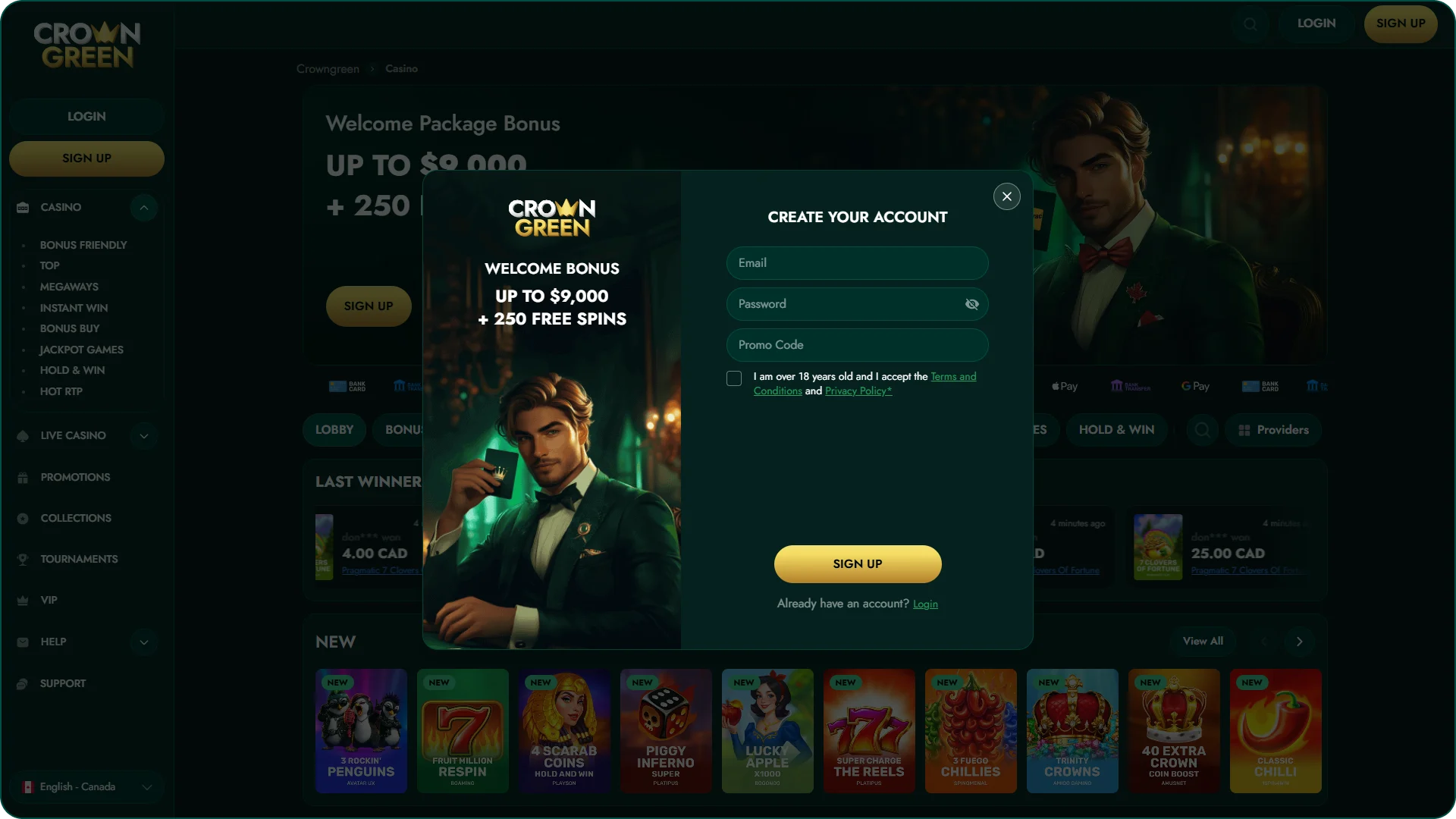 Create Crowngreen account to start enjoyng casino games.