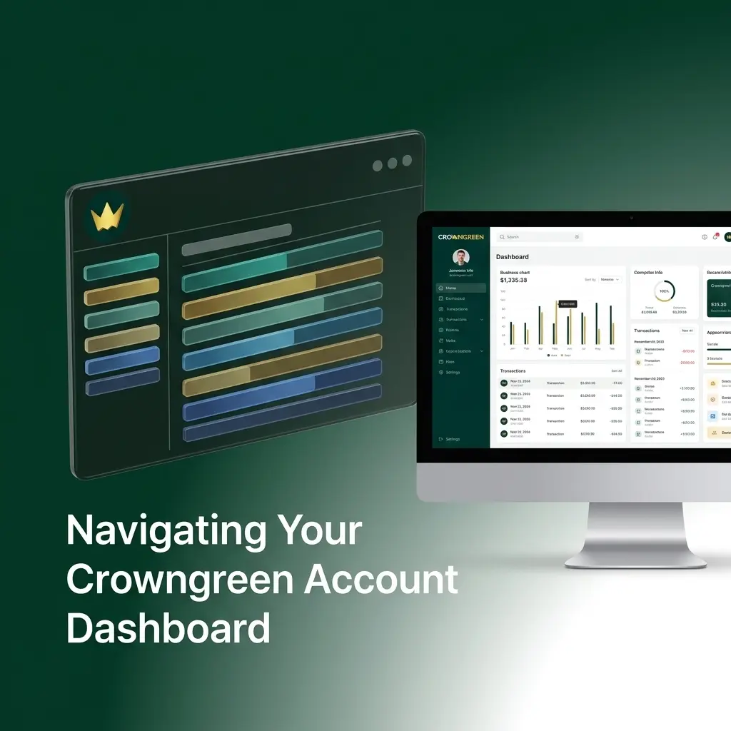 Crowngreen account dashboard showing cashier, bet history, bonus centre, VIP progress, and security settings