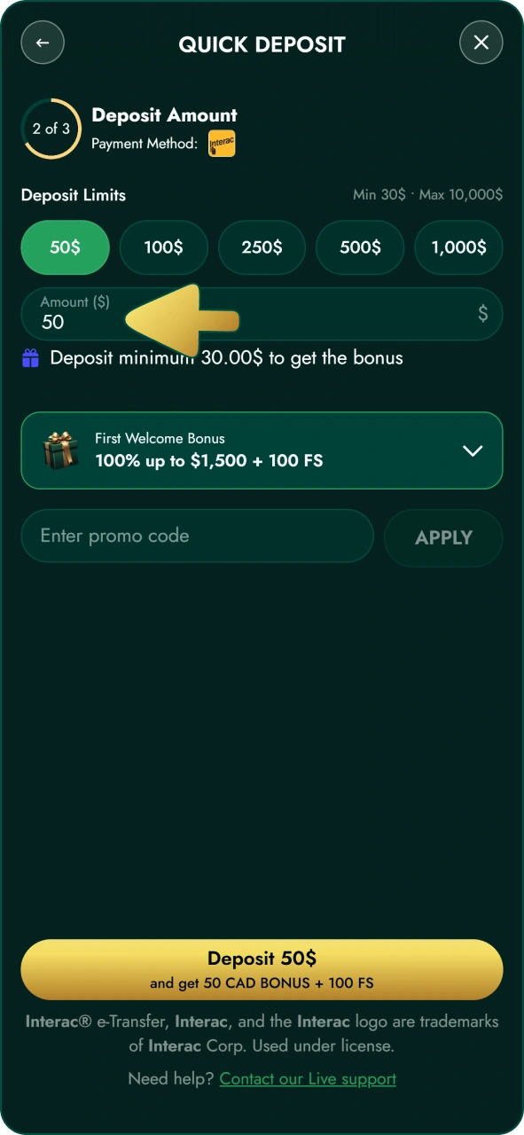 Make deposit to start playing after your Crowngreen app registration.