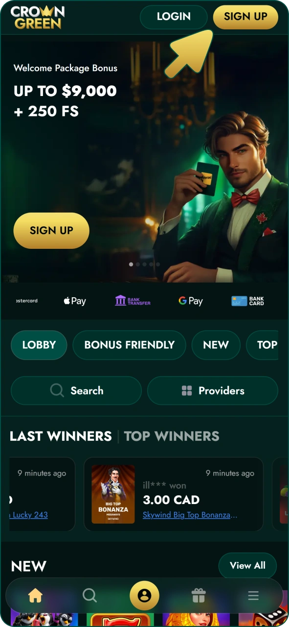 Tap registration button to create account at Crowngreen app.