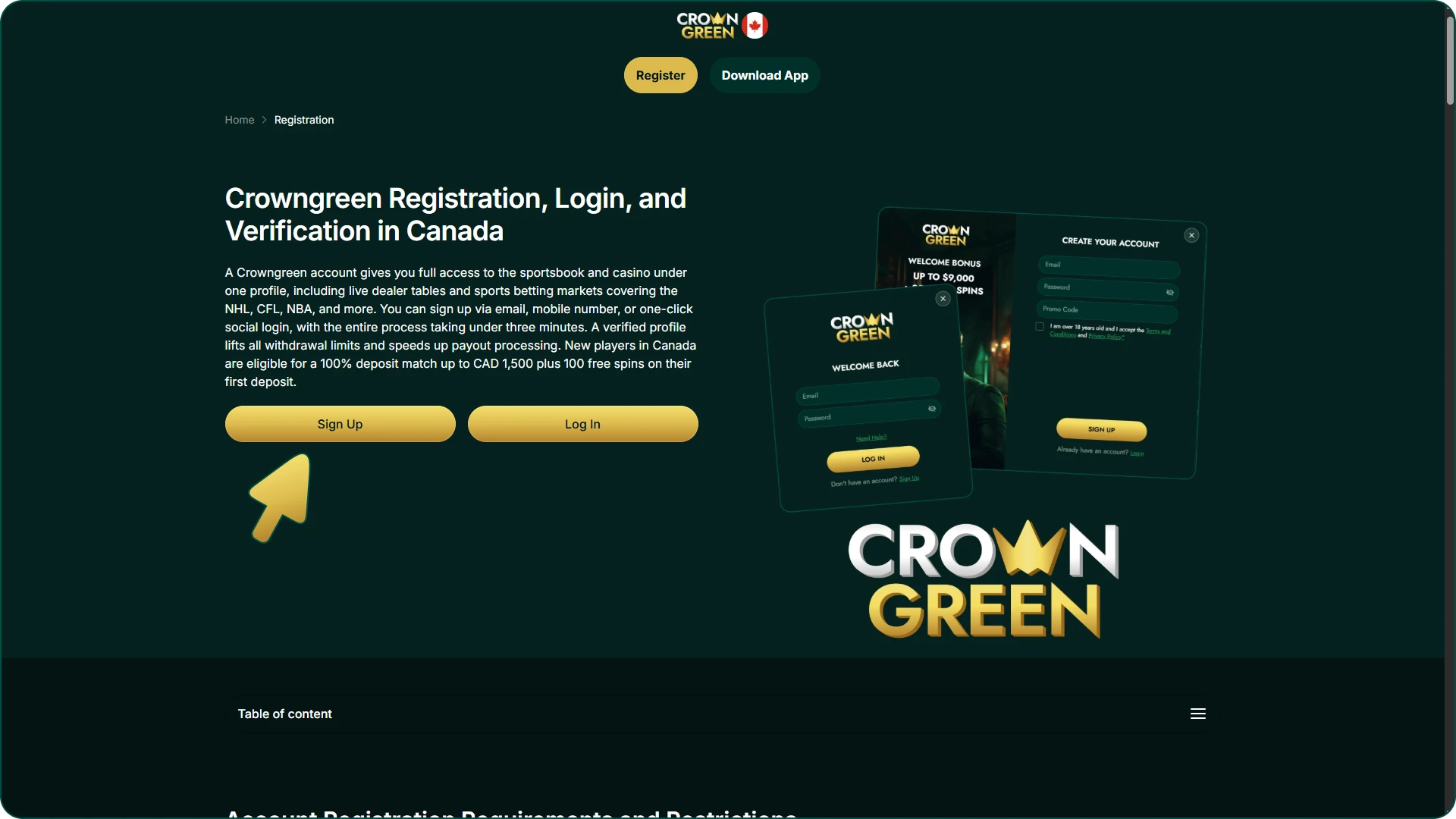 Tap this button to join Crowngreen casino.