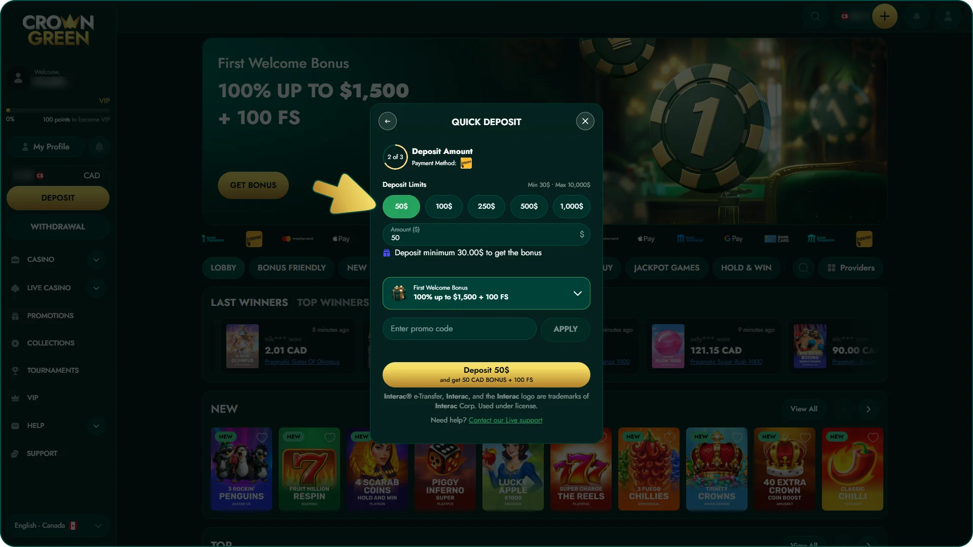 Make deposit to start playing after your registration at Crowngreen.